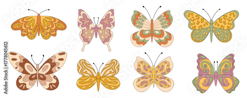 Groovy retro butterfly set in flat doodle style. Funky and colorful pattern as abstract groovy element with flower and yellow shape for nature theme. Vintage y2k, playful, trendy collection.