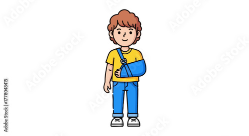 Young boy with arm in blue medical sling smiling in colorful outfit  