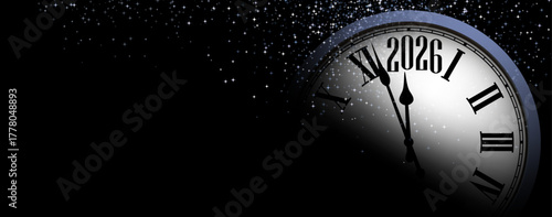 Elegant New Year 2026 countdown clock with sparkling stars and dark festive background, symbolizing midnight celebration. Vector illustration.