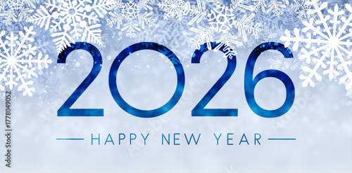 Large blue 2026 text with detailed white snowflakes on a light frosty background. Vector illustration in a festive winter style.