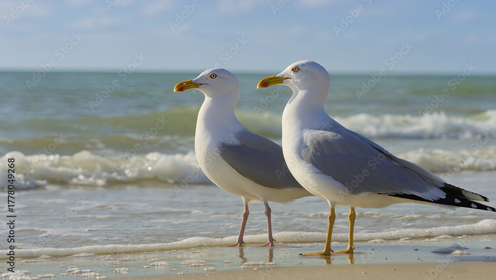 Fototapeta premium Two seagulls stand by the water on the seashore under a sunny sky, calm waves and a sandy beach.