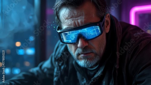 A Focused Man with a Beard Wearing High tech Ar Glasses, Working Intently in a Dark, Neon lit Cyberpunk City at Night