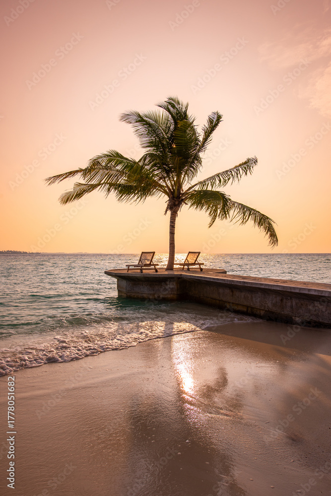 Fototapeta premium Tranquil closeup calm sea water waves with palm trees. Beautiful sunset panorama. Tropical island beach landscape exotic shore coast. Summer vacation, holiday amazing nature. Relax paradise, Maldives.