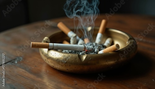 Burning cigarette with smoke in a vintage brass ashtray