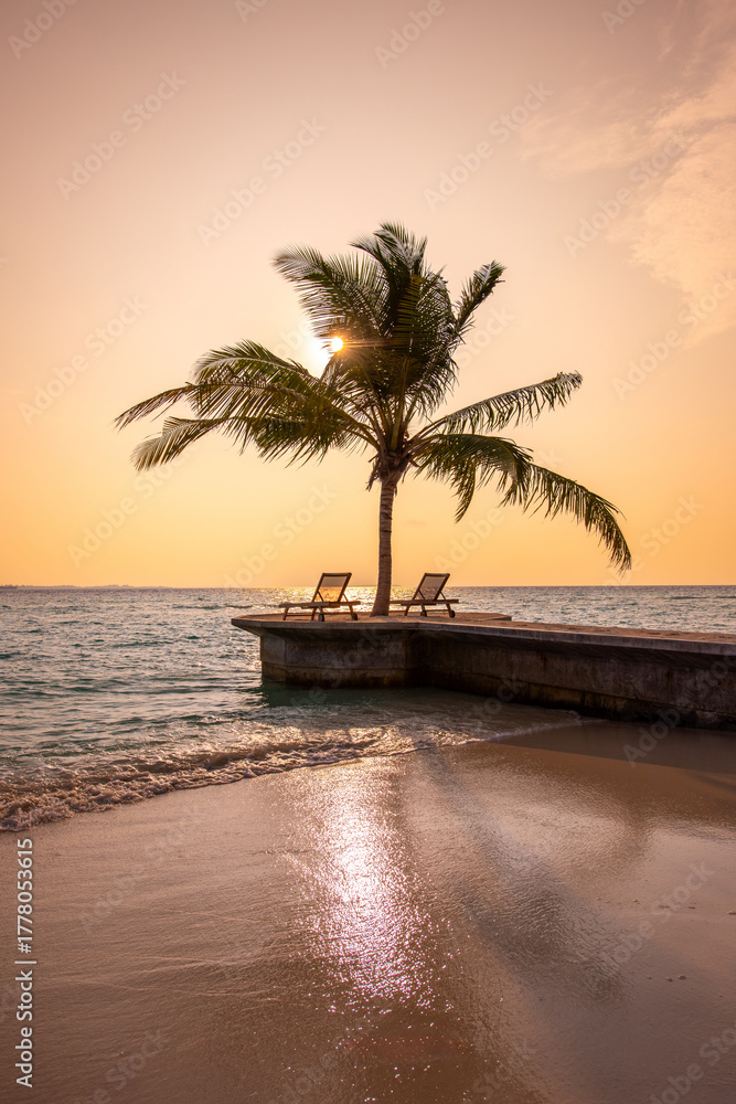 Fototapeta premium Tranquil closeup calm sea water waves with palm trees. Beautiful sunset panorama. Tropical island beach landscape exotic shore coast. Summer vacation, holiday amazing nature. Relax paradise, Maldives.