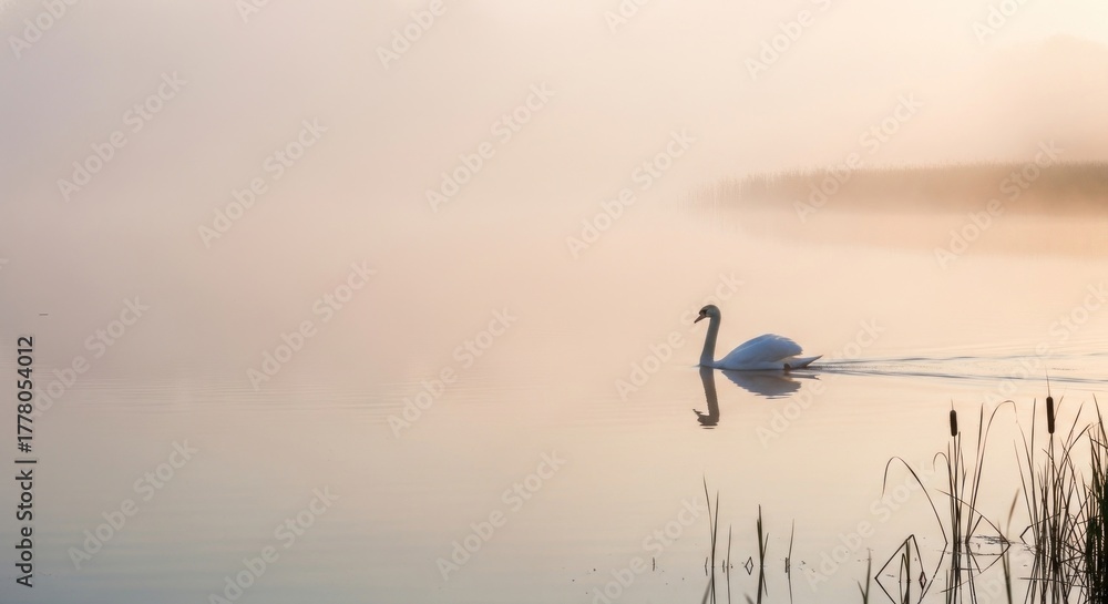 Obraz premium A solitary swan glides gracefully on a tranquil lake veiled in mist.