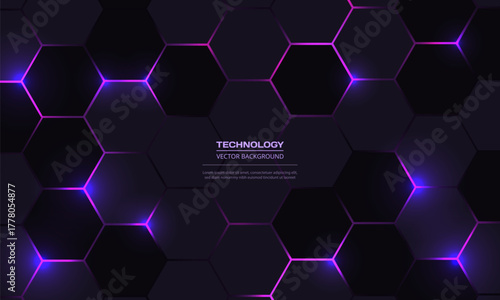 Dark hexagonal abstract technology vector background with pink and purple colored bright flashes under hexagon. Vector illustration