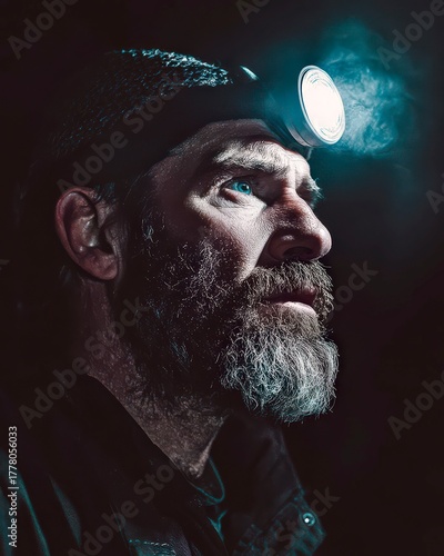 Serious man with headlamp looking into darkness