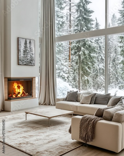 Modern luxury living room with fireplace view