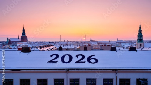 Snowy rooftops view with 2026 written in snow