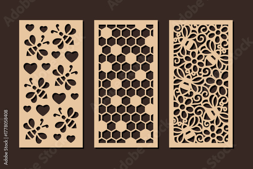 Decorative panels with bees and honeycomb pattern. Vector design for home interior decor, privacy screen, wall art, room dividers. Template for laser, cnc, plasma and plotter cutting