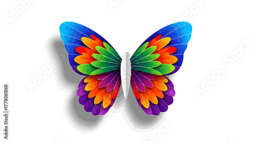 A colorful butterfly with layered petallike wings casts a shadow