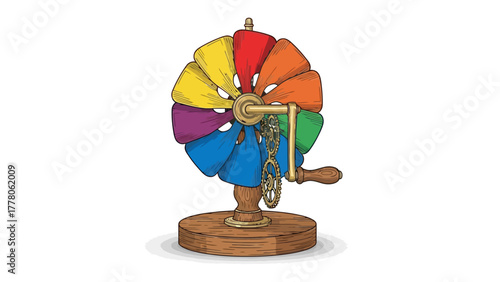 A colorful pinwheel with gears and a wooden base