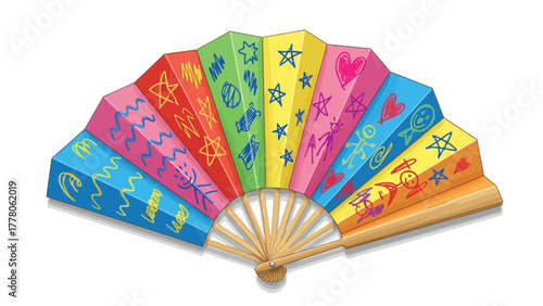 A colorful opened fan decorated with childlike drawings