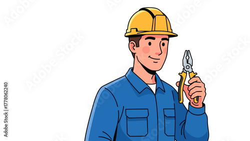 A construction worker in a hard hat and blue uniform holds pliers