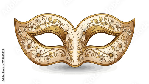 A cream and gold ornate masquerade mask adorned with flowers