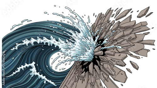 A crashing wave hitting a fragmented rock formation