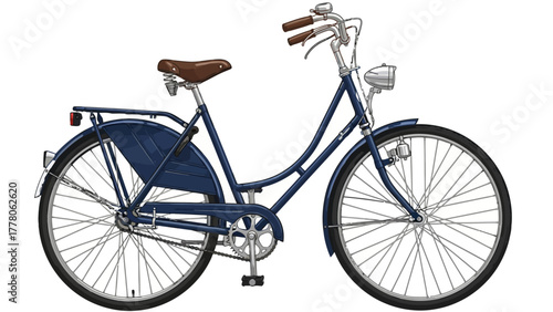 A dark blue Dutch bicycle with a brown leather seat and handlebars