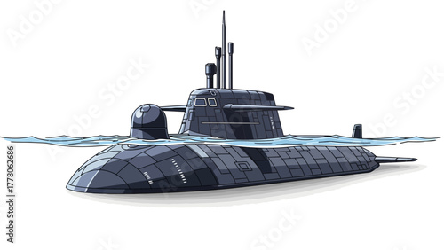 A dark gray submarine partially submerged in blue water against a white background