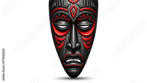 A dark wooden tribal mask with red markings