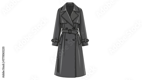 A detailed illustration of a dark grey doublebreasted trench coat with a belt