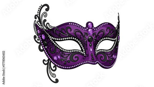 A detailed purple Venetian mask with elaborate swirling designs rhinestones and beaded trim