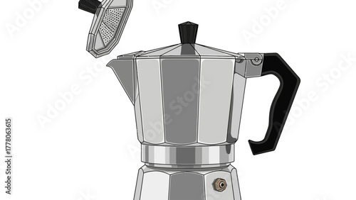 A diagram of a silver moka pot with its lid off