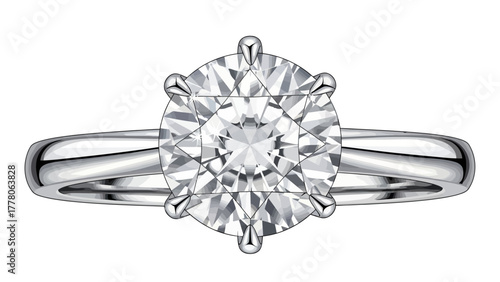 A diamond ring with a sixprong setting on a white background