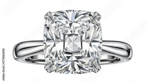 A diamond ring with a cushioncut stone set in a platinum band