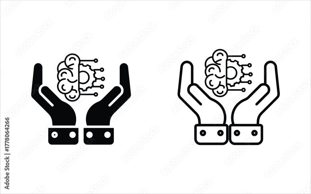 Obraz premium A pair of hands holding a brain with an integrated circuit board, representing artificial intelligence management, technology development, smart data protection, and the concept of digital knowledge.