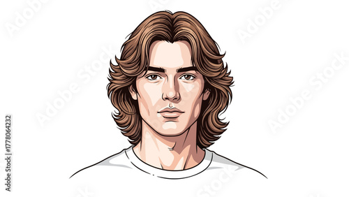 A digital illustration of a young man with mediumlength brown wavy hair