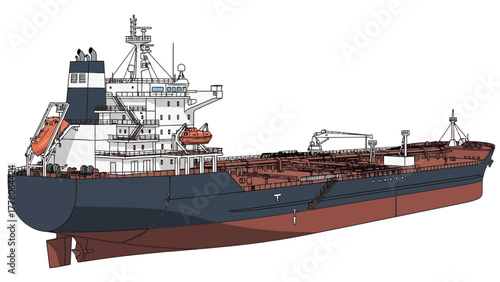 A digitally rendered side view of a large cargo ship