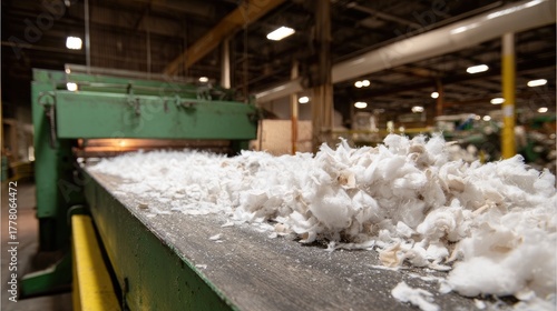 Cotton Processing Line in a Factory Showing Pile of Raw Cotton Fiber on a Conveyor Belt with Machinery in Background and Industrial Setting