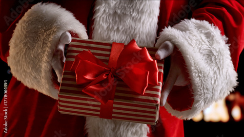 Wallpaper Mural A festive scene featuring a Santa Claus figure holding a wrapped Christmas gift with a red ribbon. Torontodigital.ca