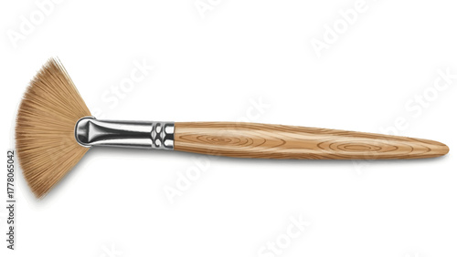 A fanshaped paintbrush with a wooden handle and silver ferrule