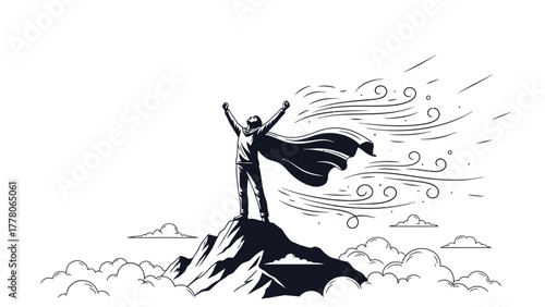A figure with a cape stands atop a mountain peak with arms raised surrounded by wind and clouds