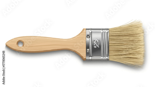 A flat paintbrush with a light brown wooden handle and metal ferrule