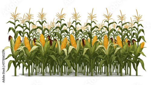 A field of ripe cornstalks with yellow ears of corn visible