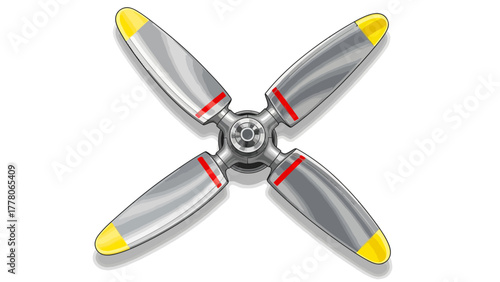 A fourbladed aircraft propeller with yellow tips and red bands