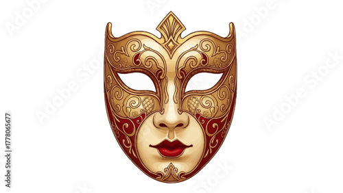 A golden mask with red accents and ornate swirls