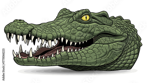 A green alligator head with sharp teeth and yellow eyes