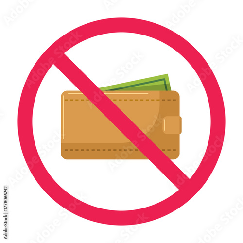Forbidden sign with wallet icon, no wallet sign, wallet prohibited symbol, red crossed circle symbol, flat vector illustration
