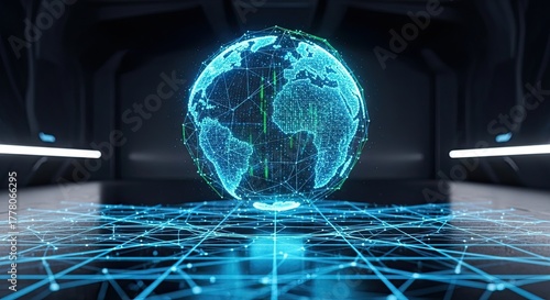 Global digital network visualization connecting continents with futuristic glowing lines, representing data flow and international communication in a modern, high-tech environment.