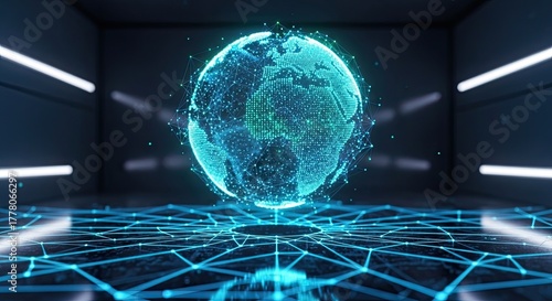 Dynamic digital earth network connects global data streams in futuristic dark holographic data center with glowing neon blue lines