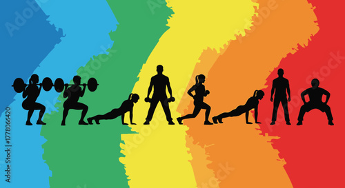 Silhouetted figures performing various exercises, including squats with weights, push-ups, and lunges, set against a vibrant, colorful, abstract background.