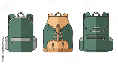 Three different styles of backpacks, two in green with gray accents and one in green with tan accents, all in a flat vector style.