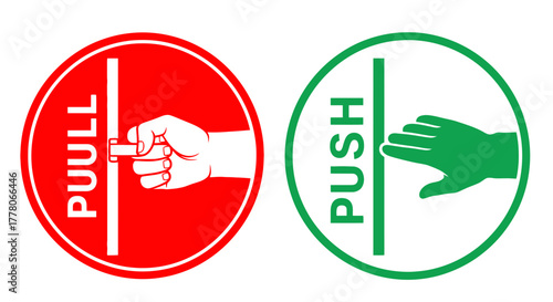 Two circular signs depicting instructions: a red sign showing a hand pulling a door handle and a green sign showing a hand pushing.