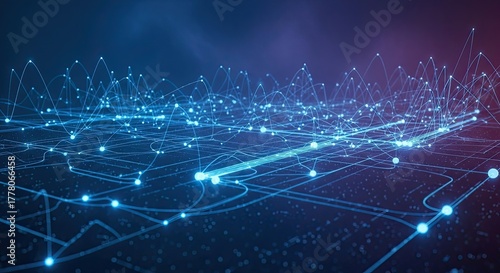 Dynamic abstract network of glowing blue lines and nodes representing complex data connections and futuristic technology concepts in a dark digital space