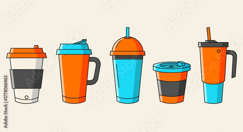 A collection of five colorful cartoon-style disposable coffee cups and tumblers with lids and straws, arranged in a row on a light background.