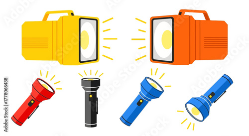 Illustration of six flashlights in different styles and colors, all emitting light, against a white background.